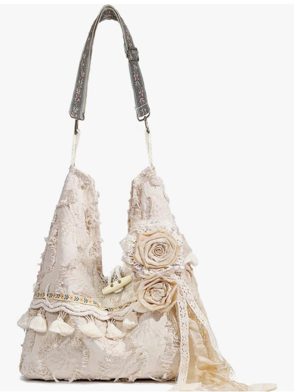 Boho Floral Shoulder Bag in Cream
